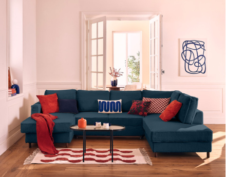 Canapé panoramique d'angle droit 7 places convertible avec coffre en fausse fourrure Jake