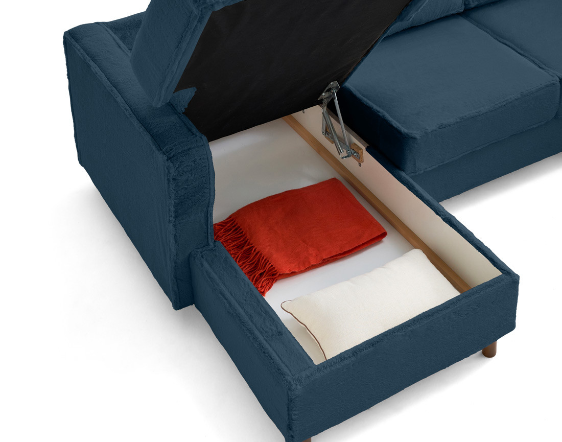 Canapé panoramique d'angle droit 7 places convertible avec coffre en fausse fourrure Jake