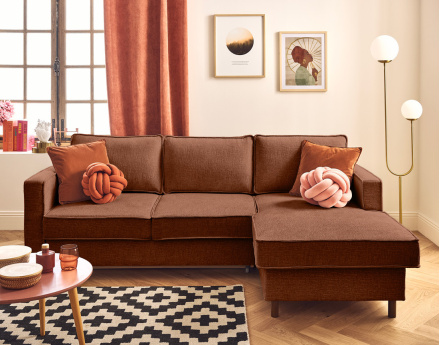 Canapé d'angle droit 4 places convertible en tissu velours relief Jake