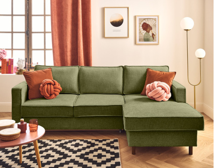 Canapé d'angle droit 4 places convertible en tissu velours relief Jake