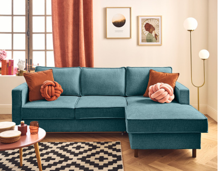 Canapé d'angle droit 4 places convertible en tissu velours relief Jake