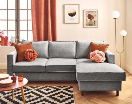 Canapé d'angle droit 4 places convertible en tissu velours relief Jake