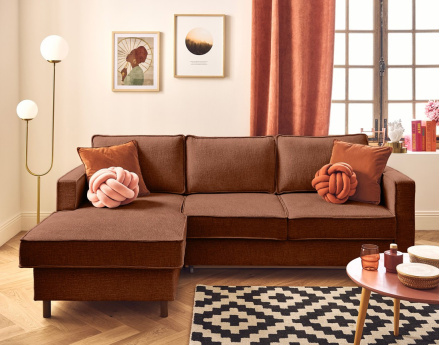 Canapé d'angle gauche 4 places convertible en tissu velours relief Jake