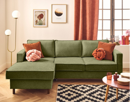 Canapé d'angle gauche 4 places convertible en tissu velours relief Jake