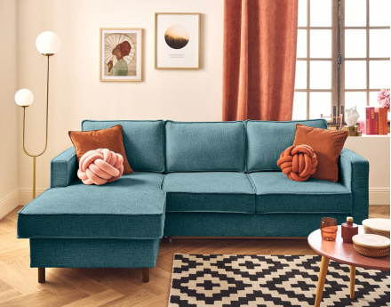 Canapé d'angle gauche 4 places convertible en tissu velours relief Jake