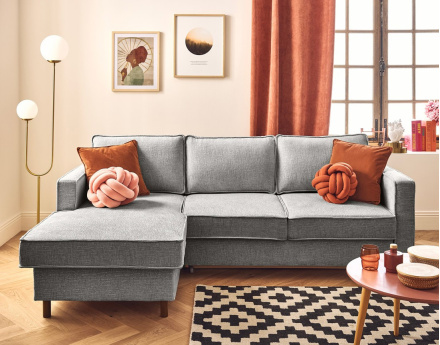 Canapé d'angle gauche 4 places convertible en tissu velours relief Jake