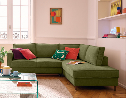 Canapé d'angle droit 5 places convertible en tissu velours relief Jake