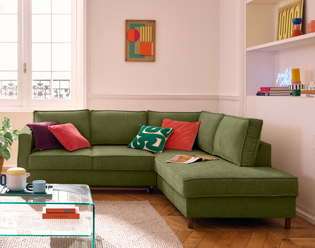 Canapé d'angle droit 5 places convertible en tissu velours relief Jake