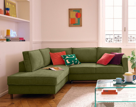 Canapé d'angle gauche 5 places convertible en tissu velours relief Jake