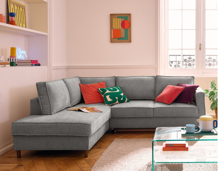 Canapé d'angle gauche 5 places convertible en tissu velours relief Jake