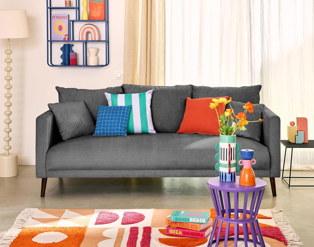 Canapé droit 3 places en velours pieds en bois Ostrava