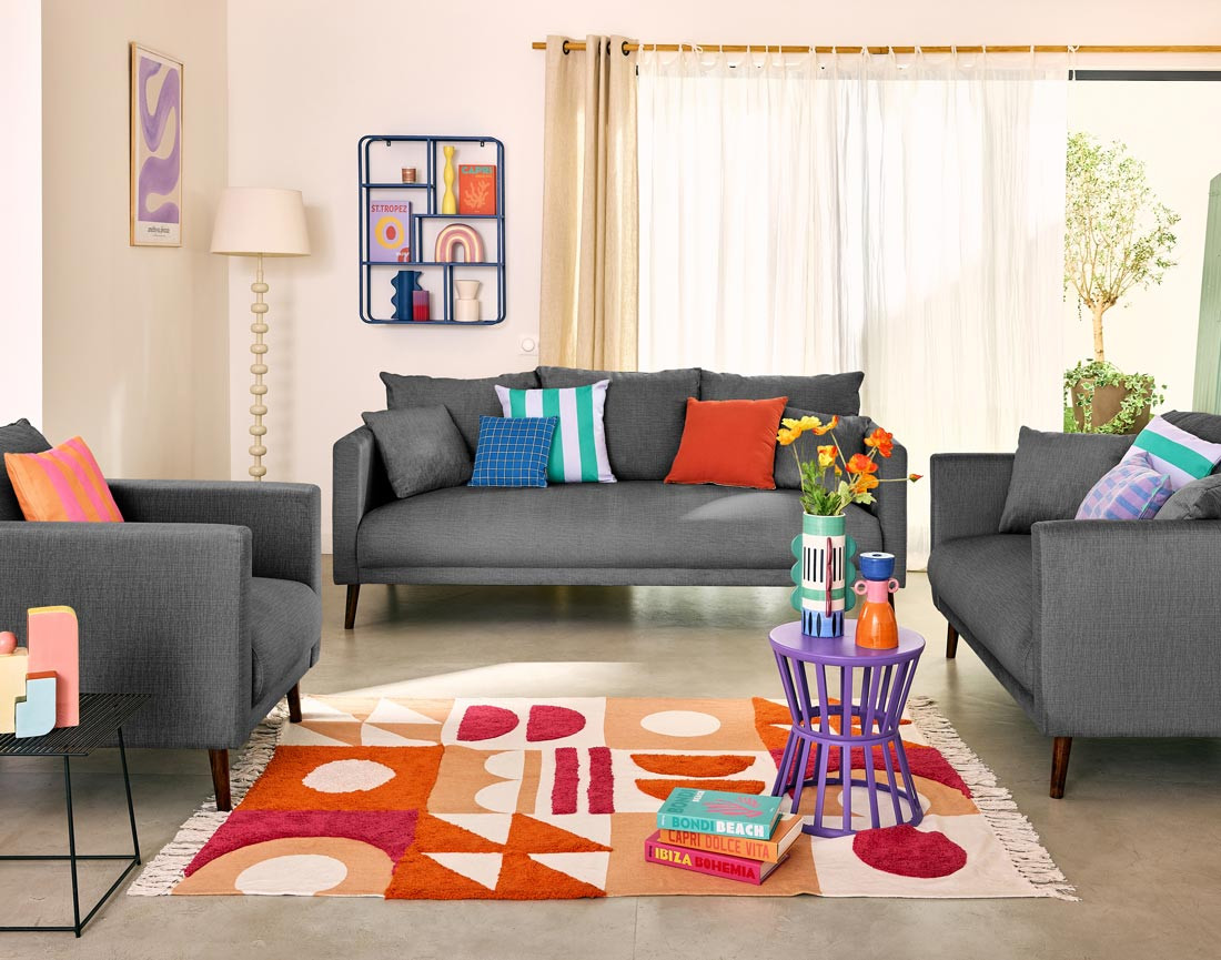 Canapé droit 3 places en velours pieds en bois Ostrava