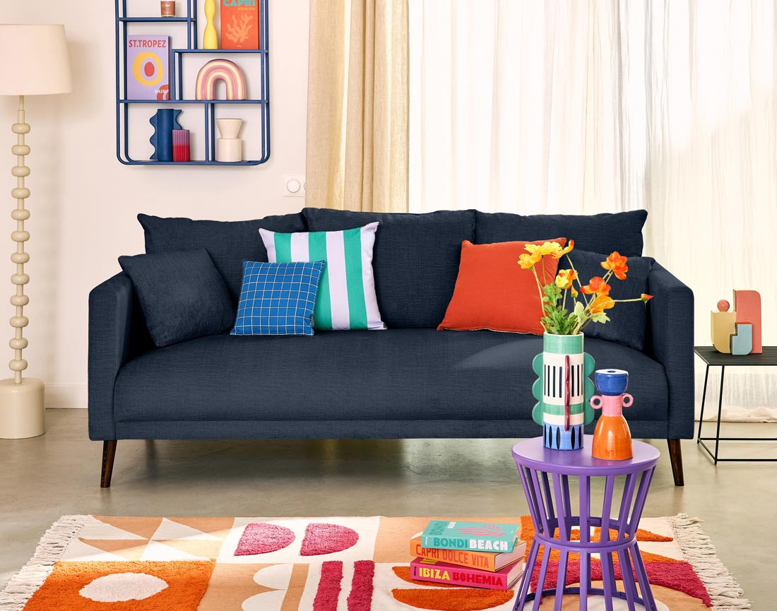 Canapé droit 3 places en velours pieds en bois Ostrava