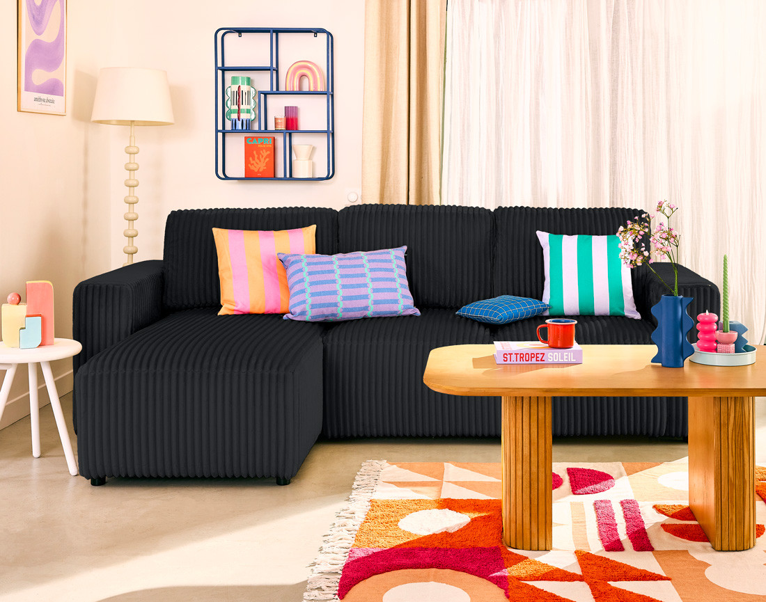 Canapé d'angle 4 places convertible en velours grosses côtes Livy