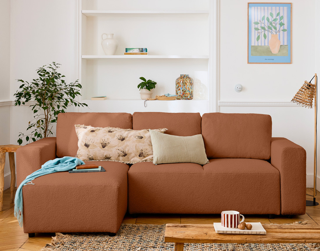 Canapé d'angle réversible 4 places convertible en tissu bouclette Livy