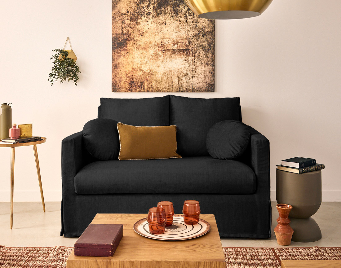 Canapé droit déhoussable 2 places en velours Serena