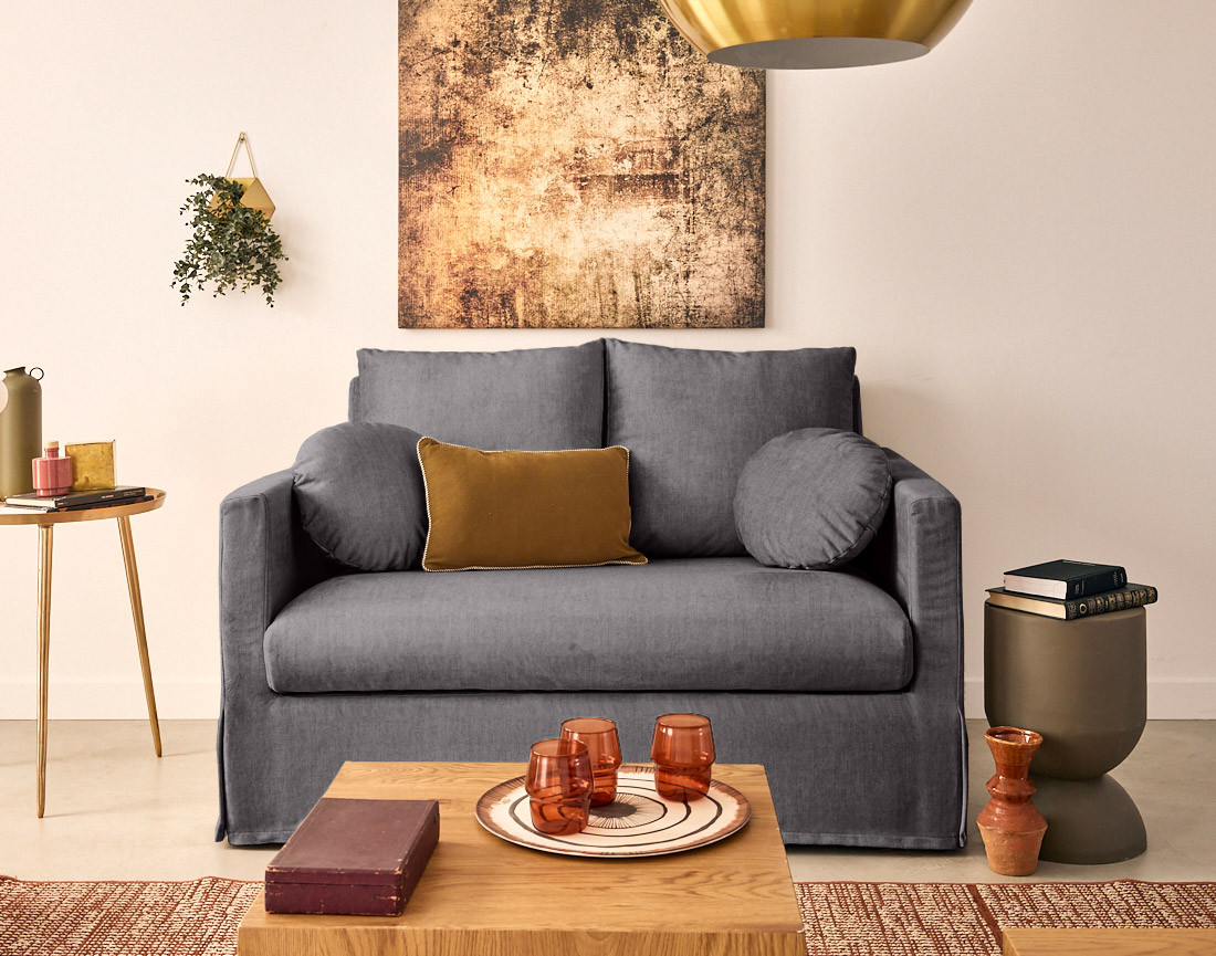 Canapé droit déhoussable 2 places en velours Serena