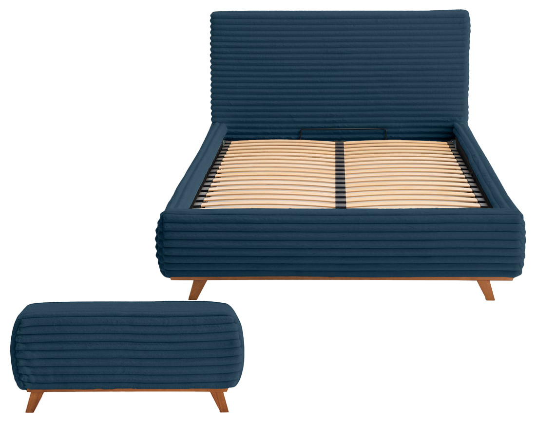 Lit coffre avec bout de lit 140x200 sommier inclus fausse fourrure côtelé Cristal