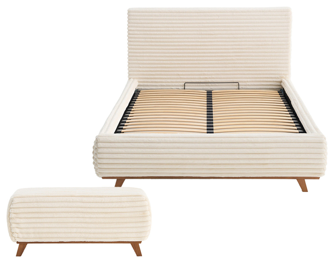 Lit coffre avec bout de lit 160x200 cm sommier inclus fausse fourrure côtelé Cristal