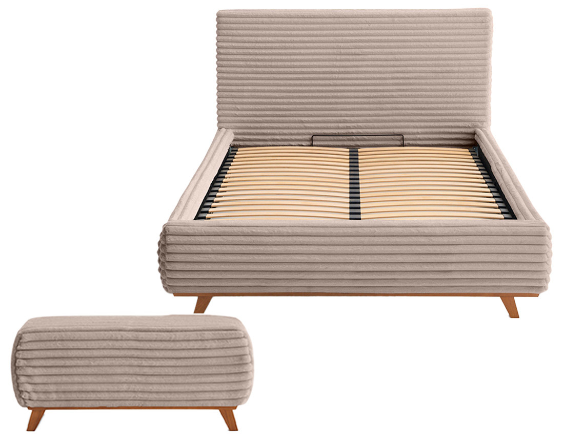 Lit coffre avec bout de lit 180x200 cm sommier inclus fausse fourrure côtelé Cristal