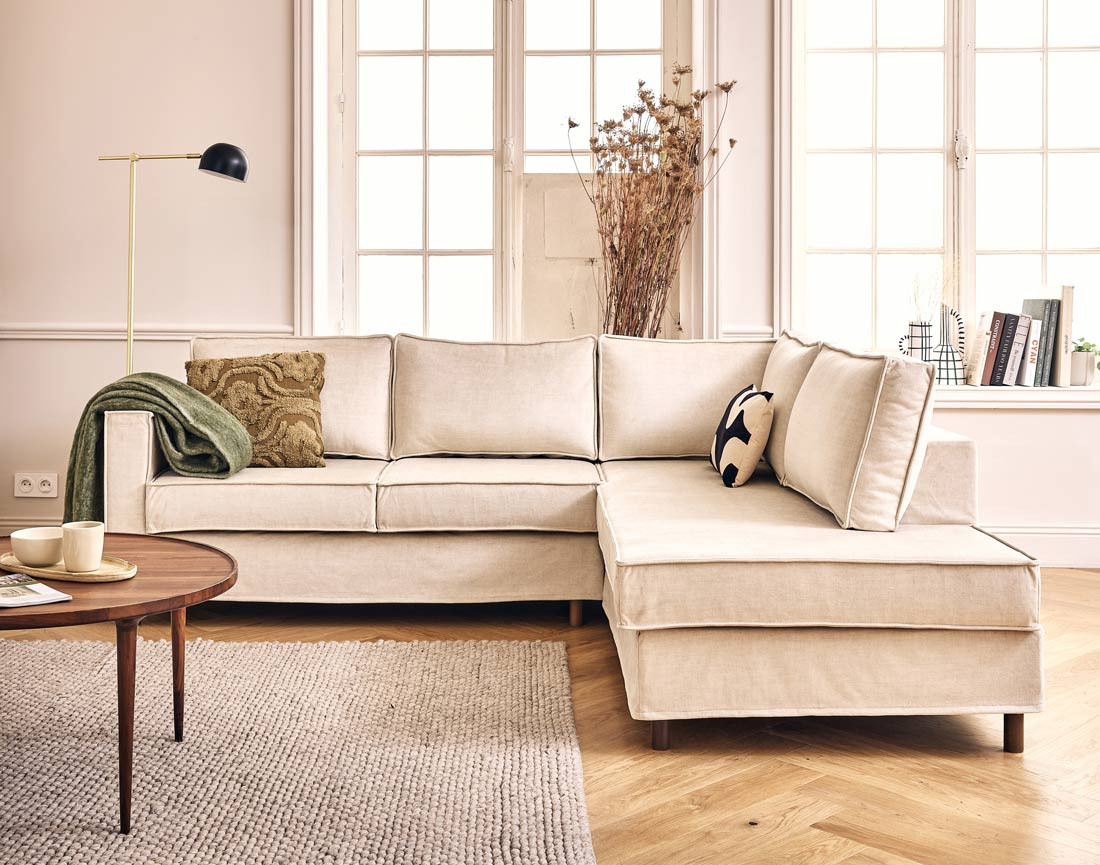 Canapé déhoussable d'angle droit 5 places en velours Jake