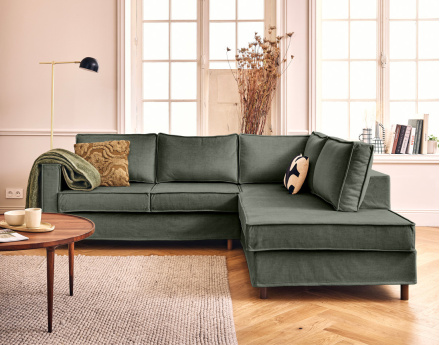 Canapé déhoussable d'angle droit 5 places en velours Jake