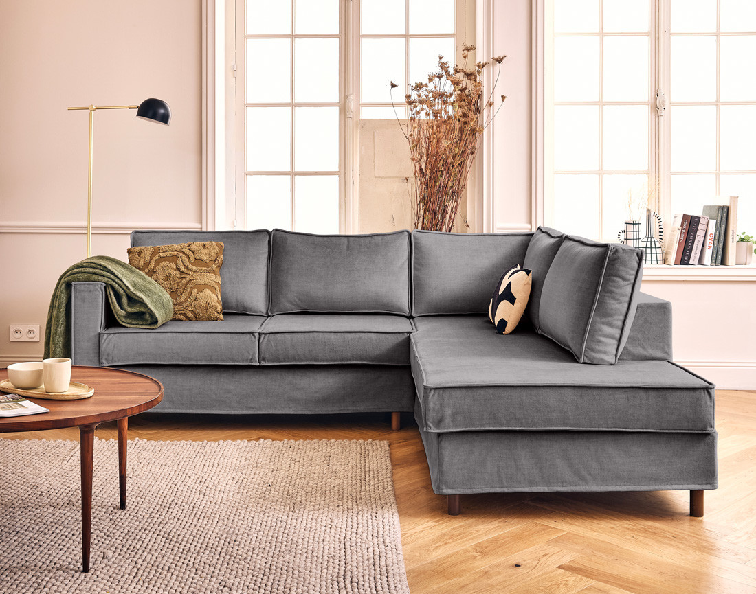 Canapé déhoussable d'angle droit 5 places en velours Jake