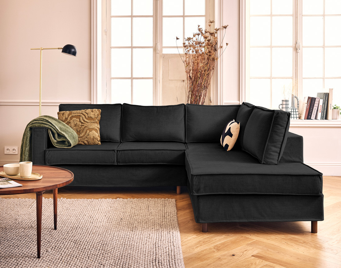 Canapé déhoussable d'angle droit 5 places en velours Jake