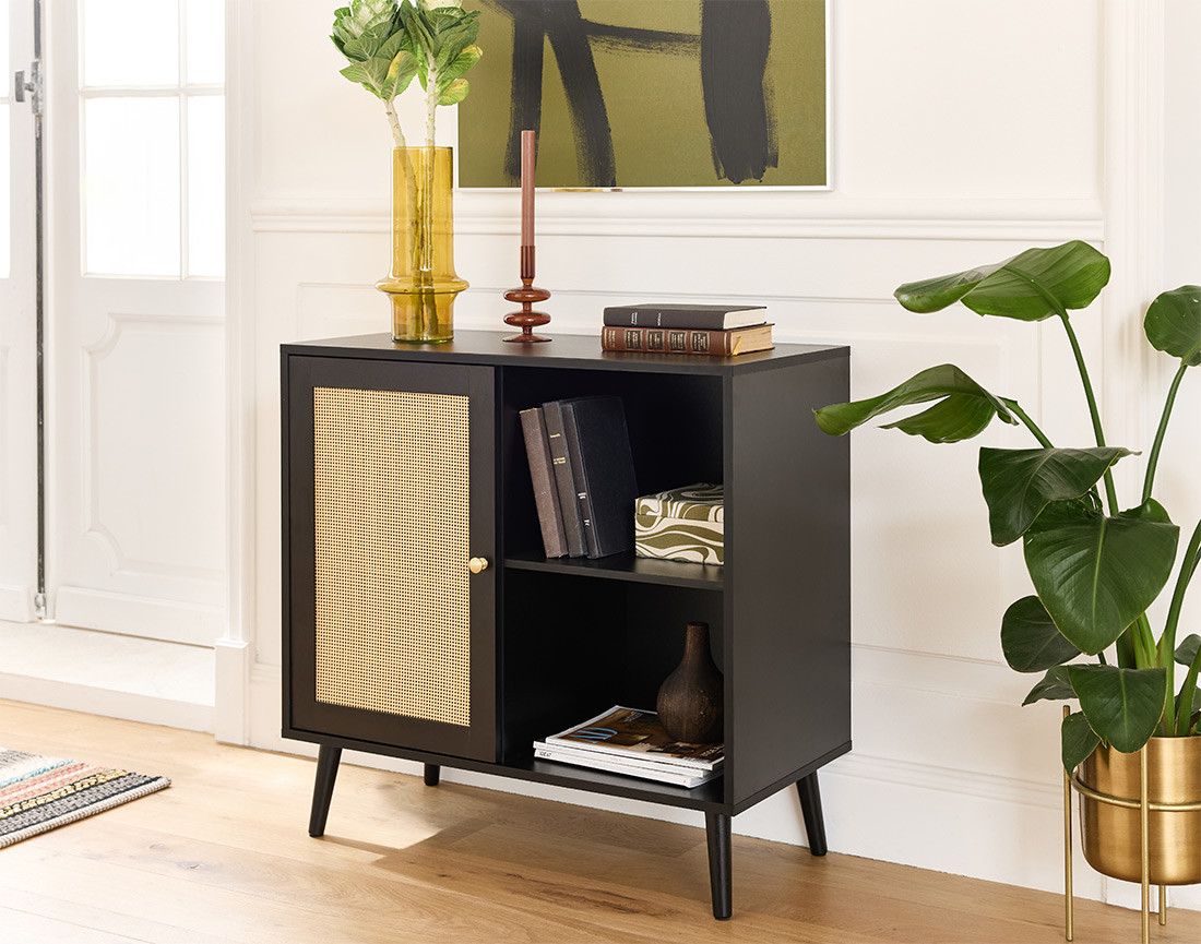 Buffet haut noir et cannage 80 cm Goto