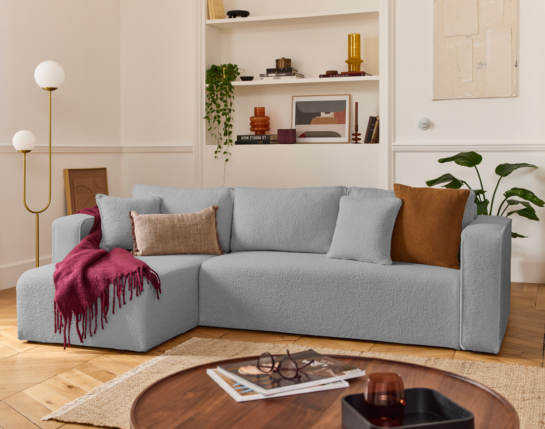 Canapé d'angle déhoussable réversible 4 places en tissu bouclette
