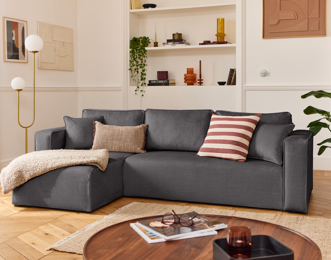 Canapé d'angle déhoussable réversible 4 places en velours Topaze