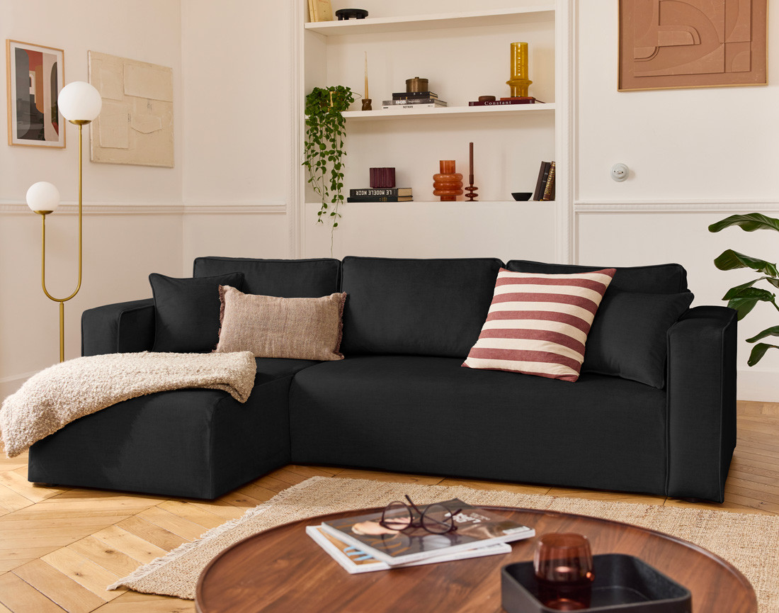 Canapé d'angle déhoussable réversible 4 places en velours Topaze