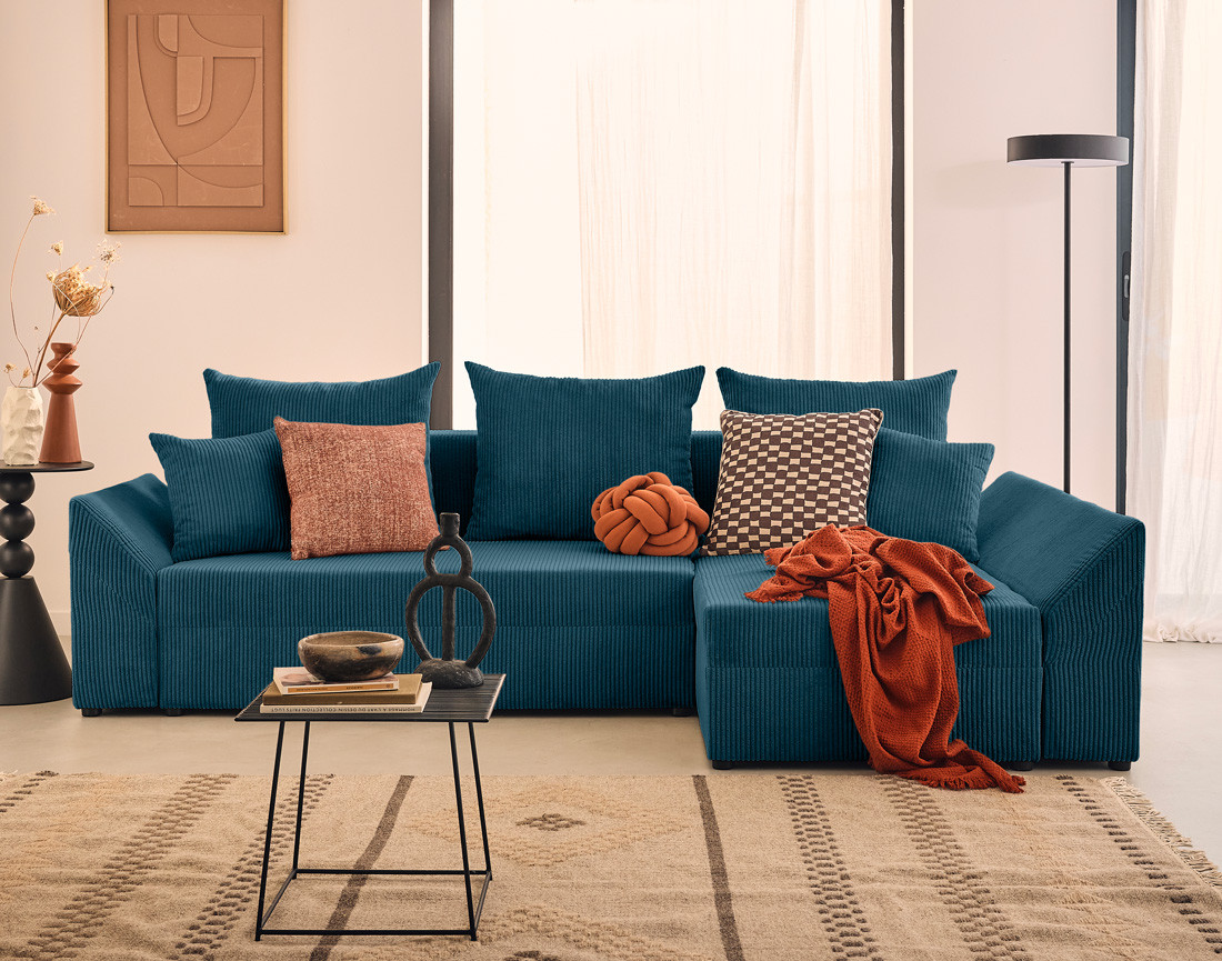 Canapé d'angle réversible 4 places convertible avec coffre en velours côtelé Mike