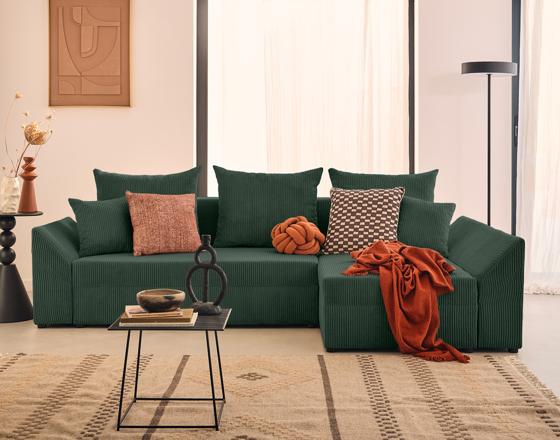 Canapé d'angle réversible 4 places convertible avec coffre en velours côtelé Mike