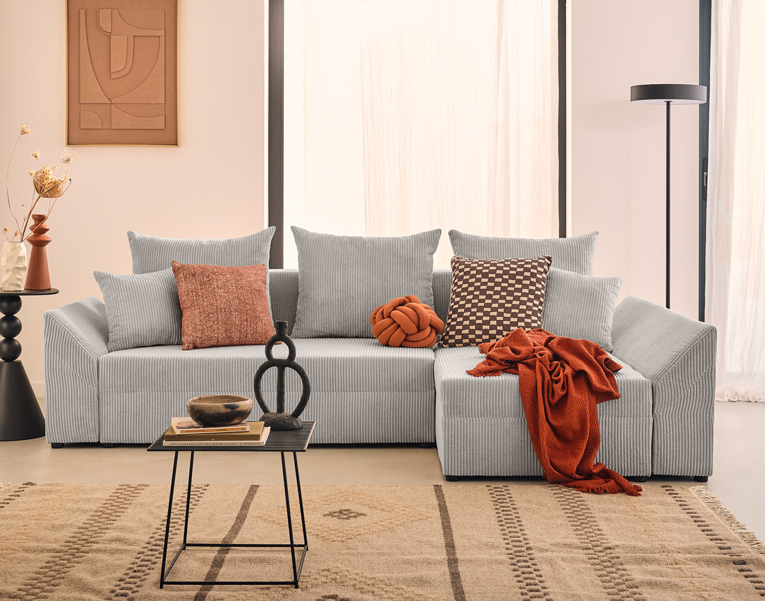 Canapé d'angle réversible 4 places convertible avec coffre en velours côtelé Mike