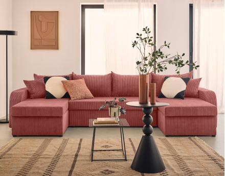 Canapé panoramique en U convertible avec coffres 7 places en velours côtelé Valos