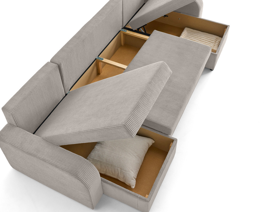 Canapé panoramique en U convertible avec coffres 7 places en velours côtelé Valos