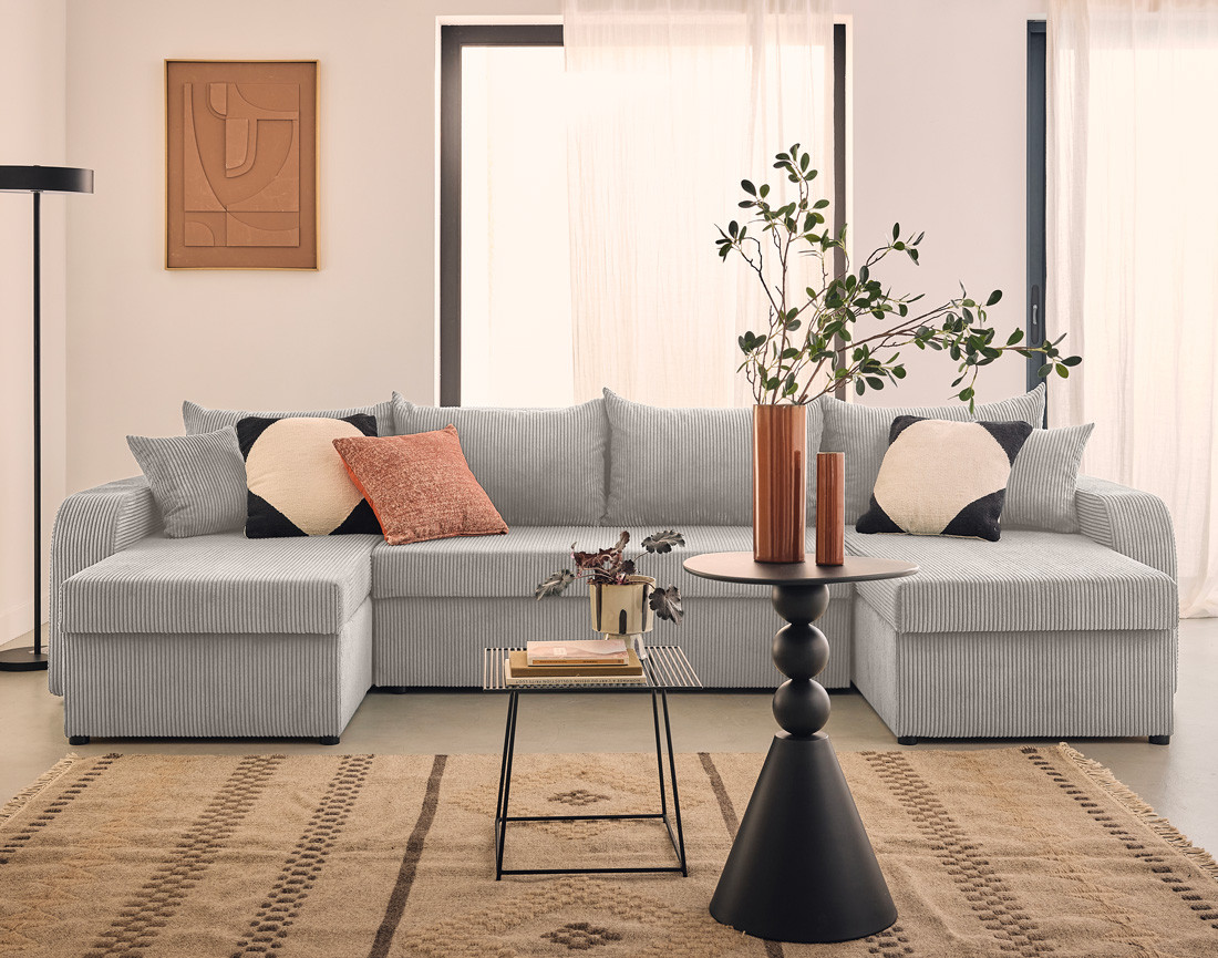 Canapé panoramique en U convertible avec coffres 7 places en velours côtelé Valos