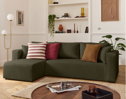 Canapé d'angle déhoussable réversible 4 places en velours côtelé Topaze