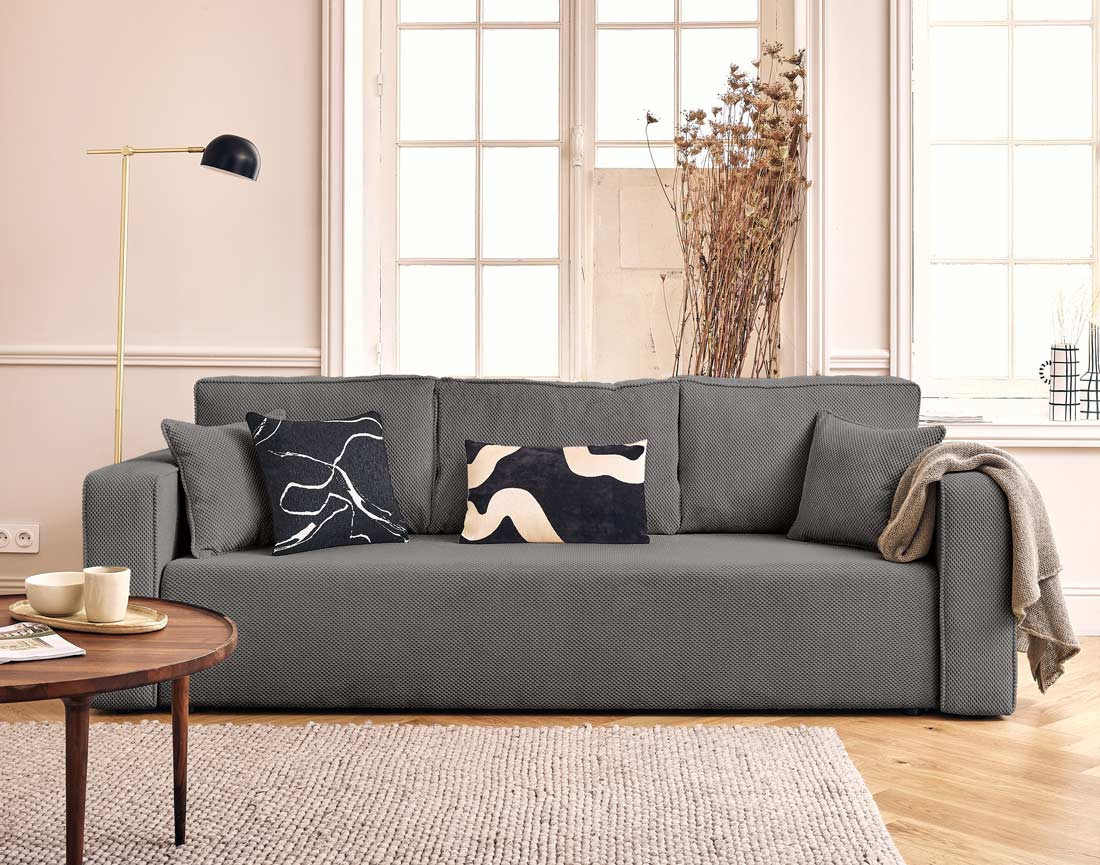 Canapé droit 3 places convertible avec coffre en velours texturé Topaze