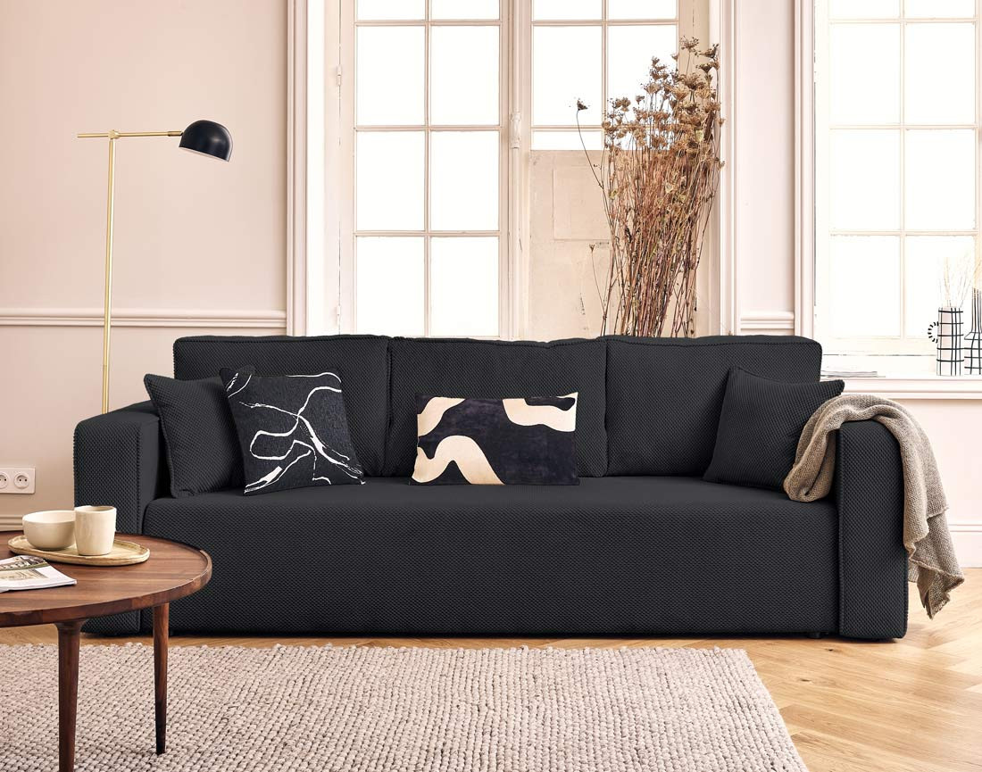 Canapé droit 3 places convertible avec coffre en velours texturé Topaze