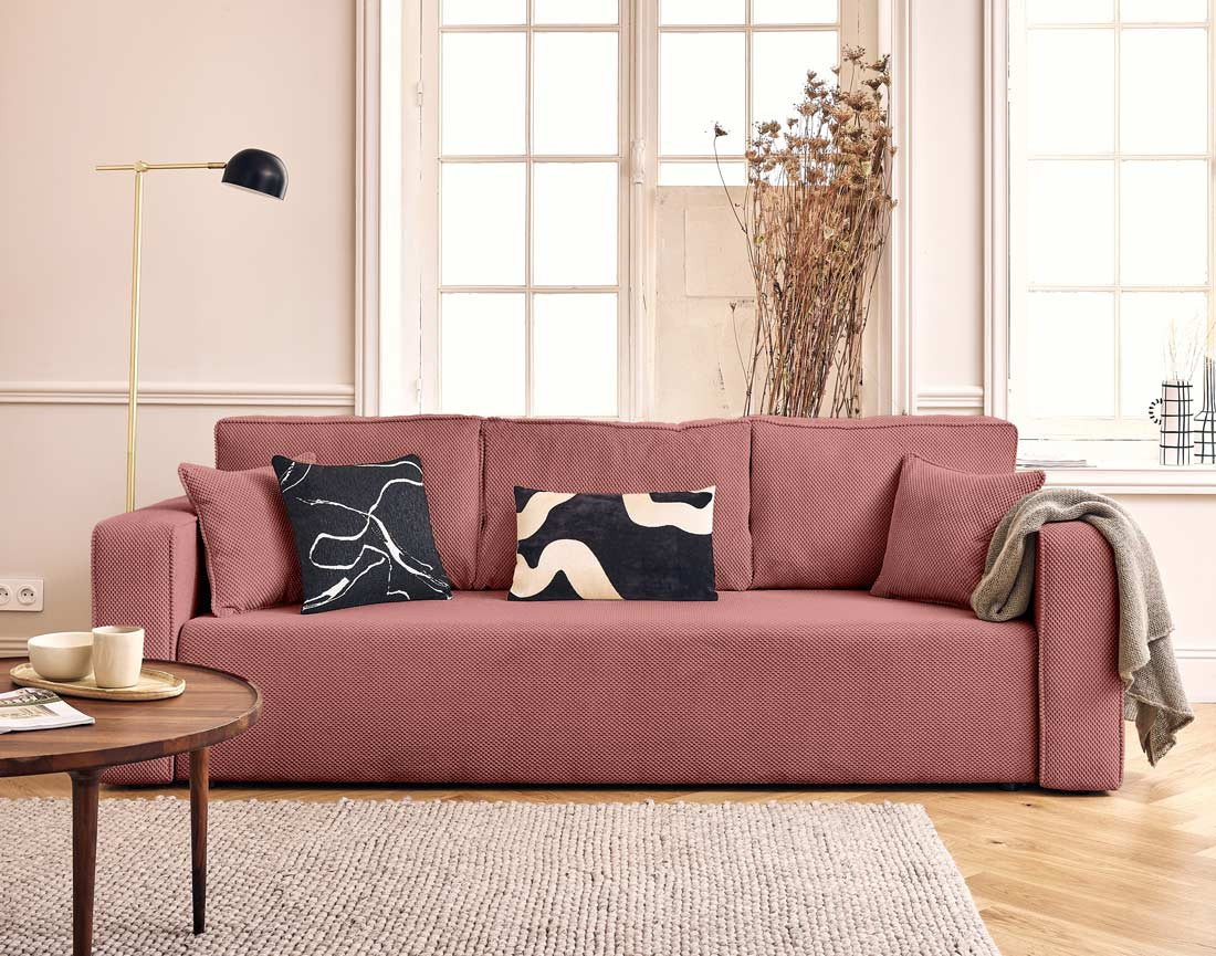 Canapé droit 3 places convertible avec coffre en velours texturé Topaze