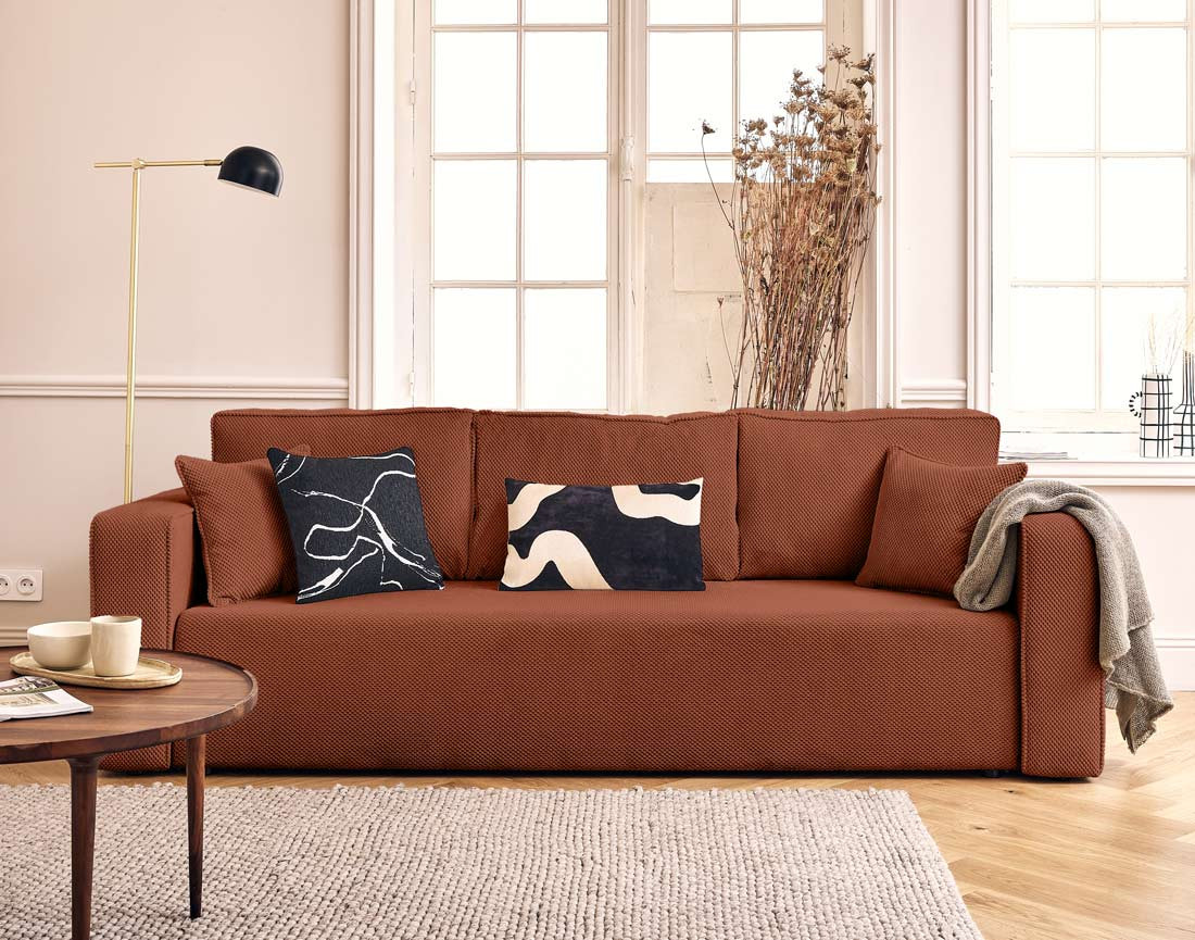 Canapé droit 3 places convertible avec coffre en velours texturé Topaze