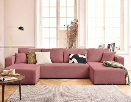 Canapé panoramique en U 7 places convertible avec coffre en velours texturé Topaze