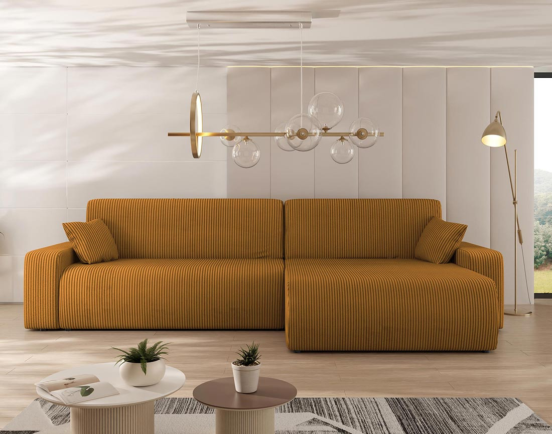 Canapé d'angle réversible 5 places convertible avec coffre en velours côtelé Artemisa