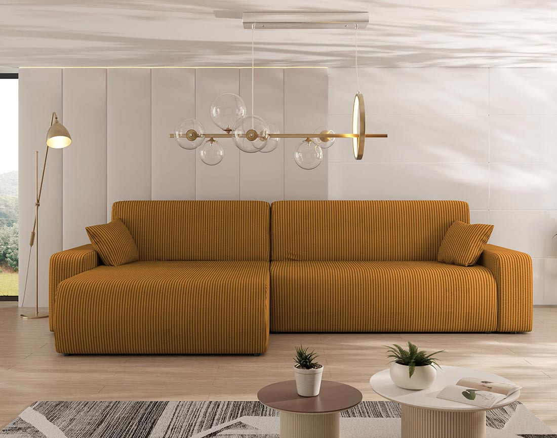 Canapé d'angle réversible 5 places convertible avec coffre en velours côtelé Artemisa