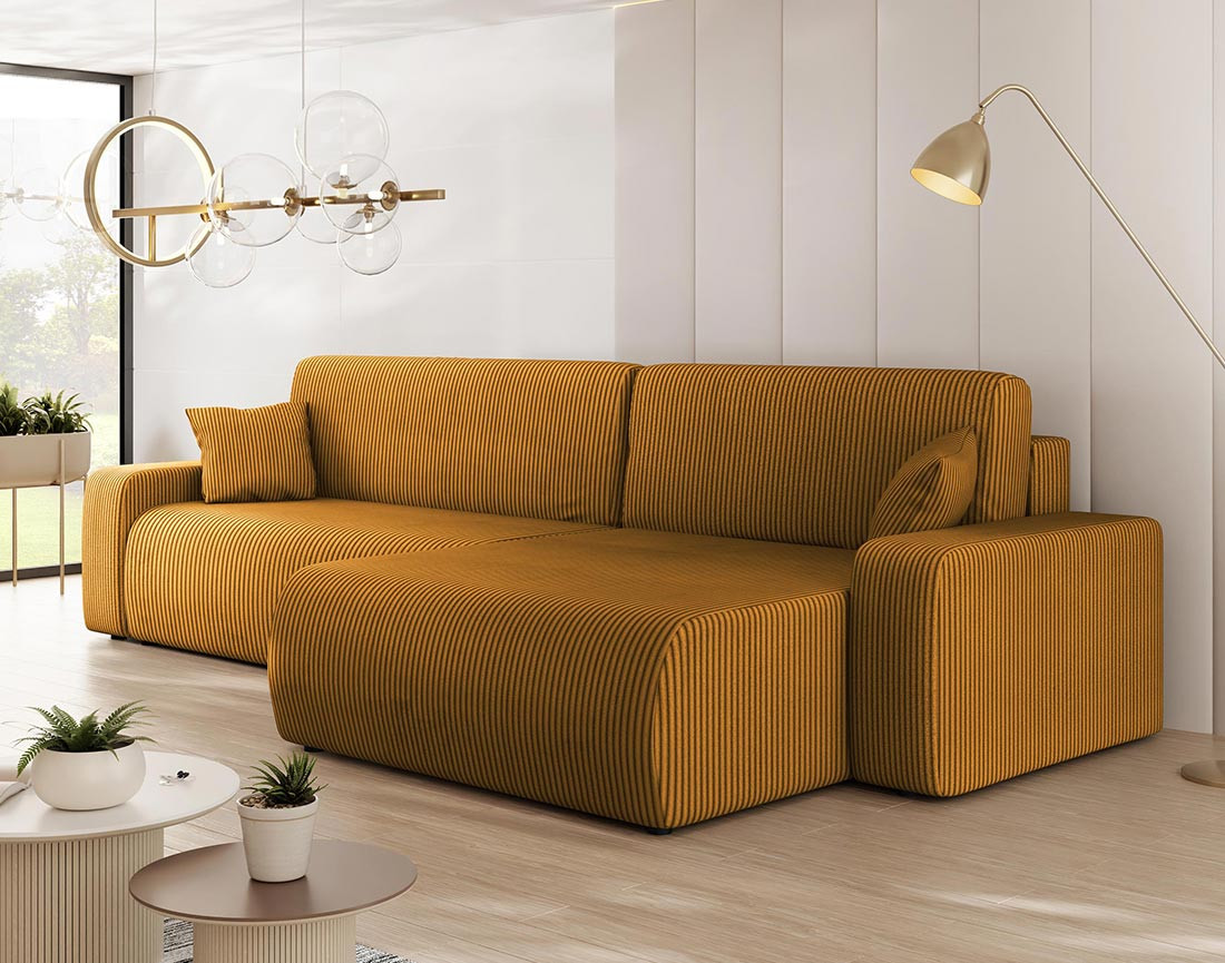 Canapé d'angle réversible 5 places convertible avec coffre en velours côtelé Artemisa