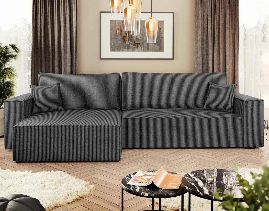 Canapé d'angle réversible 5 places convertible avec coffre en velours côtelé Cezanne