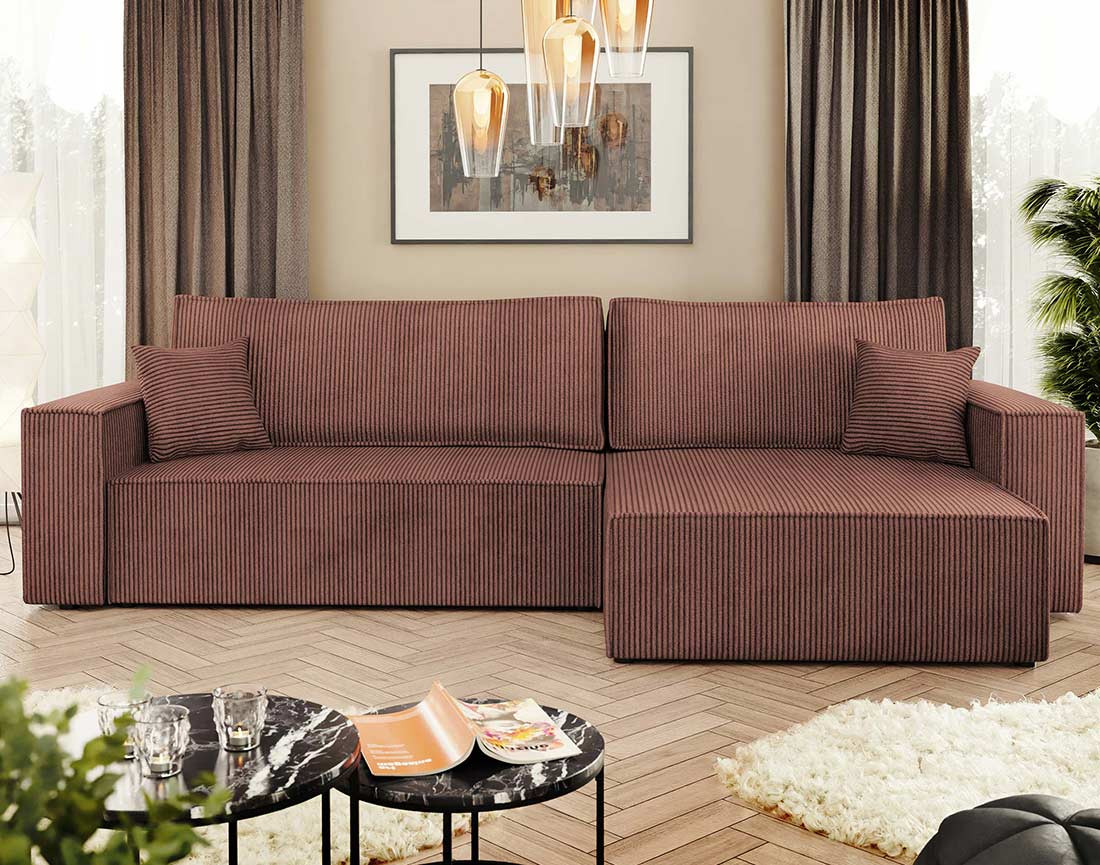 Canapé d'angle réversible 5 places convertible avec coffre en velours côtelé Cezanne