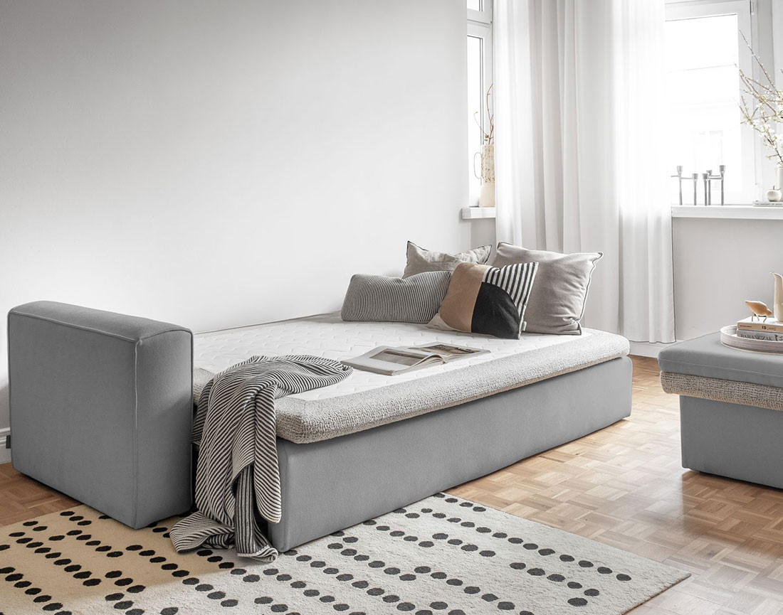 Canapé droit 3 places convertible avec coffre en tissu et tissu texturé Wilson